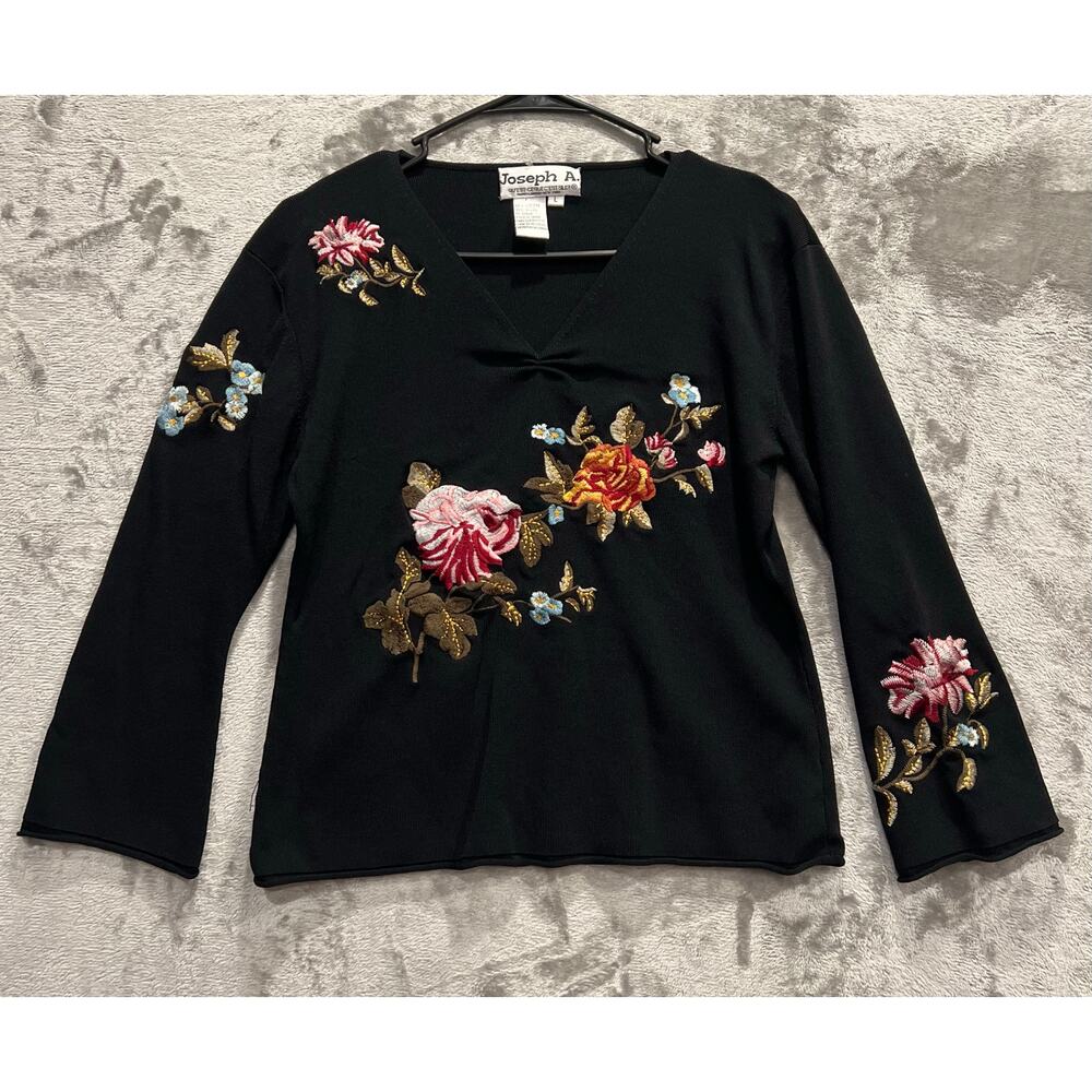 Joseph A Women’s Sweater Large Colorful Floral Embroidery Bell Sleeves Vintage